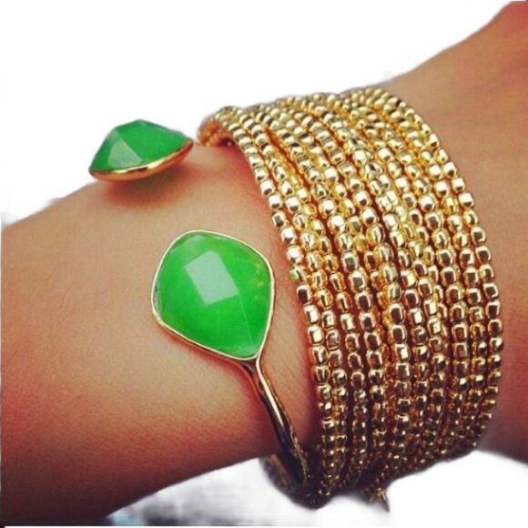 Stella & Dot Green Serenity Stone Cuff Bracelet Gold Tone Adjustable - Picture 3 of 9